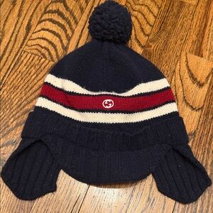 Gucci Kids Navy and Red Pom-Pom Hat